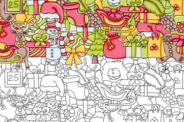 Christmas background. Black and white outlined coloring page. For a greeting card, flyer, or brochure. Hand drawn cartoon style doodle vector illustration.