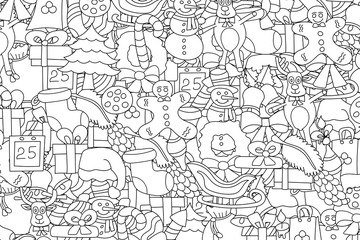 Christmas background. Black and white outlined coloring page. Hand drawn cartoon style doodle vector illustration.