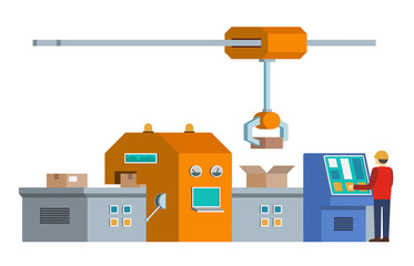 Automated assembly line. Automatic production conveyor. Robotic industry concept. Vector illustration
