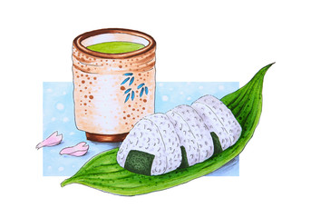 Hand drawn Japanese Onigiri and Green Tea