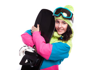 pretty ski woman hug snowboard