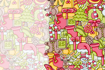 Christmas background with space for text. For a greeting card, flyer, or brochure. Hand drawn cartoon style doodle vector illustration.