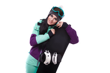 young beautiful woman in purple ski suit hold snowboard