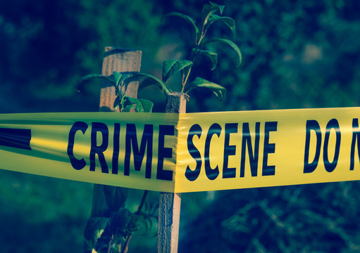 Crime Scene Tape Closeup, Police Tape Do Not Cross Outdoors