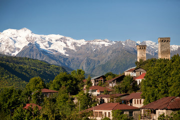 Mountain village in the region of Svaneti, Georgia. Ancient towers - obrazy, fototapety, plakaty