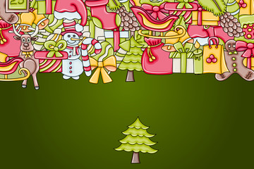 Naklejka premium Christmas background with space for text. For a greeting card, flyer, or brochure. Hand drawn cartoon style doodle vector illustration.