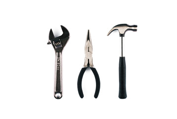 Set of various tools on white background.