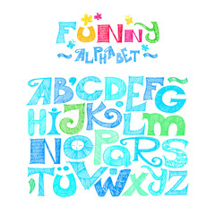 Hand drawn decorative alphabet. Sketchy ABC letters and numerals. Colorful elements isolated on white