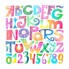Hand drawn decorative typography. Sketchy ABC letters and numerals.