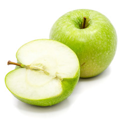 One whole apple Granny Smith and a half isolated on white background 