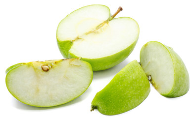 Sliced apple Granny Smith, three slices and one half, isolated on white background 