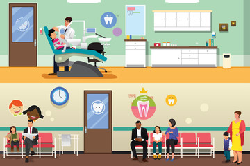 Patients and Dentist at Dental Office Illustration
