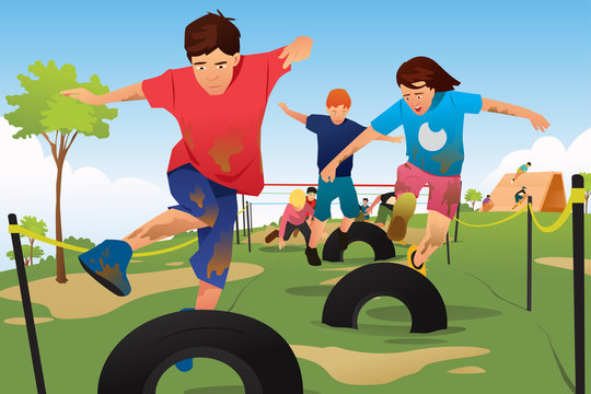 Kids Competing in a Obstacle Running Course Competition