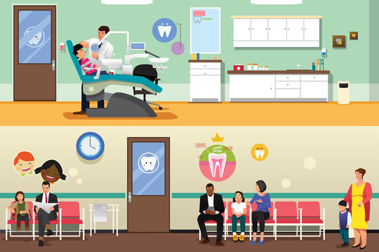 Patients and Dentist at Dental Office Illustration