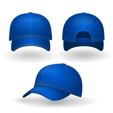 Blue baseball cap set front side view isolated on white background