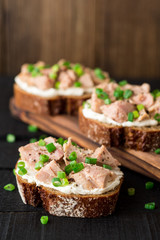 Open sandwiches with cottage cheese, canned tuna and green onions on black wooden background.