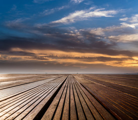 Obraz na płótnie Canvas Abstract Background Image with Empty Wooden Floor at Harbor near Sea,