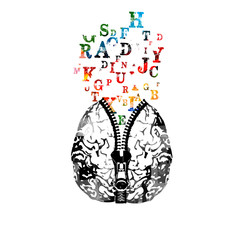 Human brain with zipper and colorful alphabet letters vector illustration. Creativity concept, education background