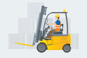 Forklift electric. Modern warehouse. Vector illustration