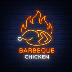 Logo Chicken Barbecue is a neon-style logo for a food store and a restaurant. Neon sign, night bright advertising chicken grill. Vector illustration