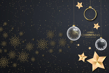 Black christmas background with golden snowflakes. Festive Christmas background with balls, stars - 179000734