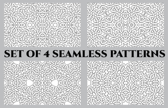 Celtic knot seamless patterns of black and white shades