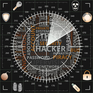 Digital hacker radar screen of black, gray, white, and orange shades