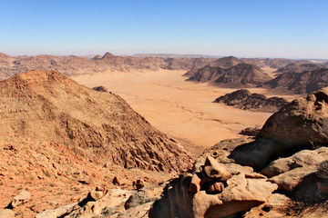 View on valley in Saudi Arabia from mountain Jebel Umm Adaami - the highest peak in Jordan.