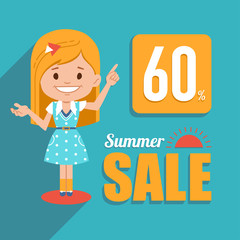 Hot summer sale banner. Shopping illustration with pretty girl character. Seasonal sale. Discount 60. Big summer sale.