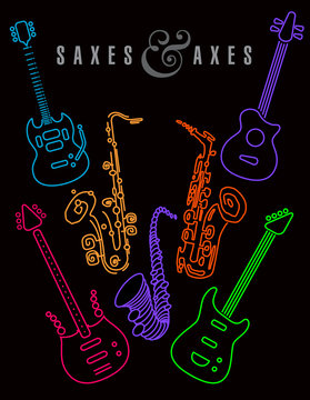 Saxes and axes in neon colors on a black background. For print or web  