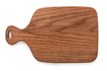 Handmade oak wood cutting board, isolated on a white background, top view.