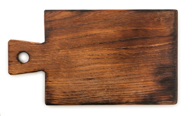 Handmade ash-tree wood cutting board, isolated on a white background, top view.