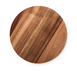 Acacia wood round cutting board isolated on white background, top view