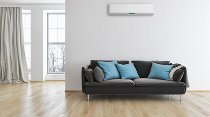 Modern bright living room with air conditioning, 3D rendering illustration