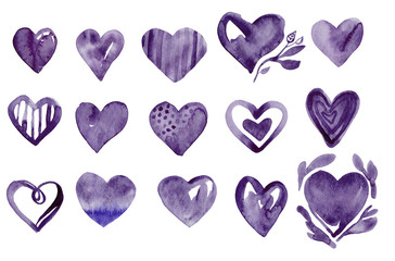 Watercolor hearts, hand painted illustration, colorful for wedding, birthday, party, invitations, thank you cards, calendars