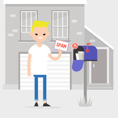 Young angry character holding an envelope marked as SPAM. Irritated millennial checking the mail box. Flat editable vector illustration, clip art.