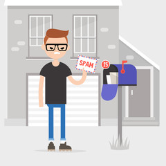 Young angry character holding an envelope marked as SPAM. Irritated millennial checking the mail box. Flat editable vector illustration, clip art.