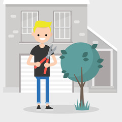 Young character cutting a bush with a pruner