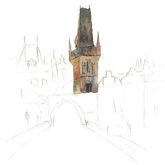 Fototapeta premium Hand drawing of Old City of Prague in watercolor style: cathedral of st. Wenceslas