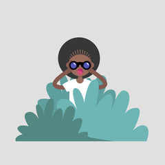Young black girl character hiding in the bushes and looking through binoculars. Spying, conceptual illustration. Special agent. Secret mission. Sneak peek. Flat vector illustration, clip art