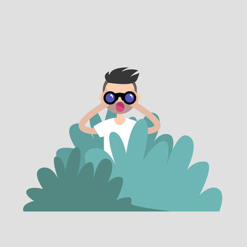recommend clip art: Young character hiding in the bushes and looking through binoculars. Spying, conceptual illustration. Special agent. Secret mission. Sneak peek. Flat vector illustration, clip art
