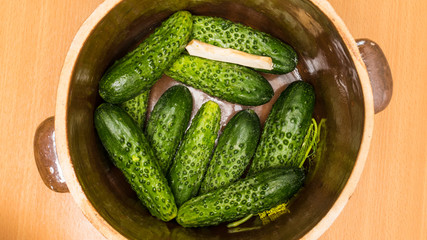 Making pickled cucumbers in clay jar