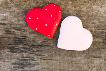 Heart shaped cookies for valentine day on rustic wooden table