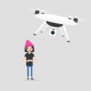New technologies. Young girl controlling a drone with a remote controller / flat editable vector illustration, clip art
