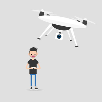 New technologies. Young character controlling a drone with a remote controller / flat editable vector illustration, clip art