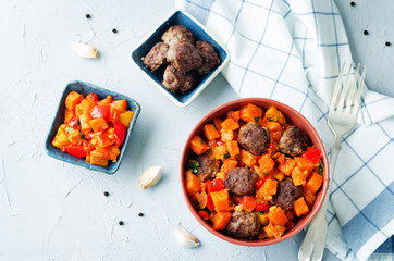 Pumpkin sweet potato Bell pepper stew with meatballs
