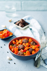 Pumpkin sweet potato Bell pepper stew with meatballs