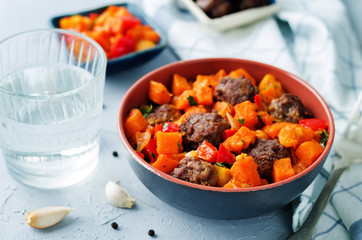 Pumpkin sweet potato Bell pepper stew with meatballs