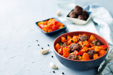 Pumpkin sweet potato Bell pepper stew with meatballs