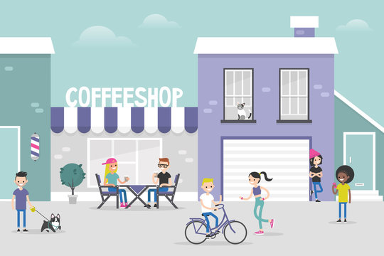 Urban scene. Cozy gentrified city street crowded with young people. Weekend city activities. Millennials living in a neighbourhood. Flat editable vector illustration, clip art